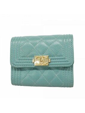 Chanel Trifold Wallet Boy Caviar Leather Blue Champagne Gold